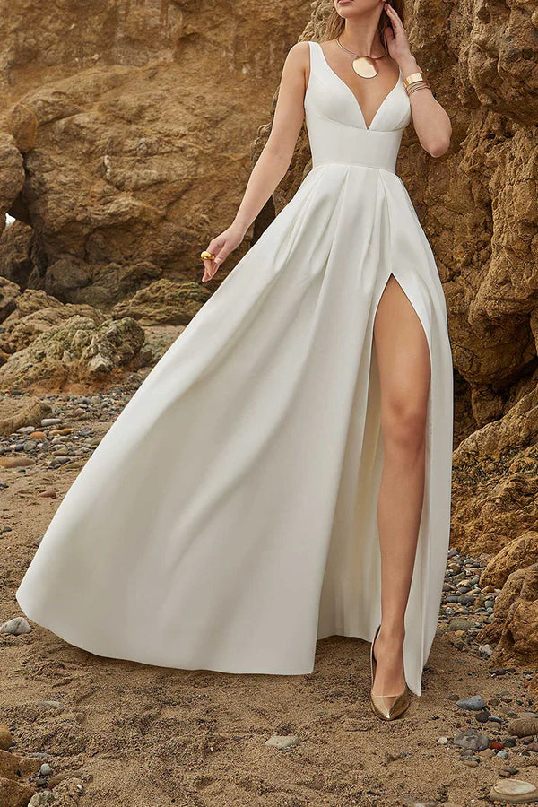 Robe de mariée en satin à fente simple et sexy, coupe A-line et col en V