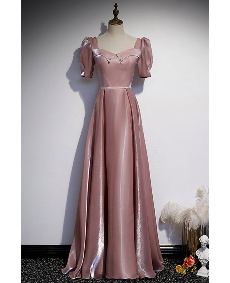 Robe de soirée élégante en satin rose foncé, décolleté carré, ceinture en tissu perlé, manches courtes, ligne A, dos nu, longueur au sol