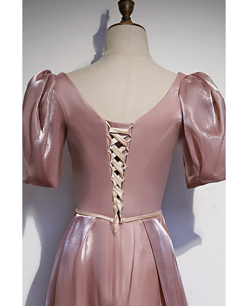 Robe de soirée élégante en satin rose foncé, décolleté carré, ceinture en tissu perlé, manches courtes, ligne A, dos nu, longueur au sol