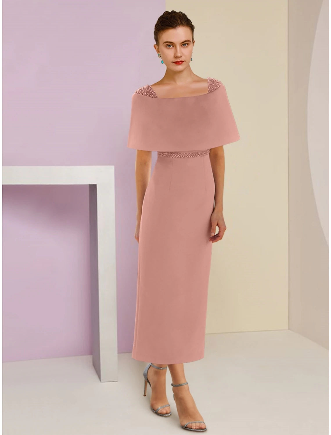 A-Linie Kleid für die Mutter der Braut, Hochzeitsgast, elegant, schulterfrei, knöchellang, Stretch-Stoff, kurze Ärmel, mit Perlen verziert, einfarbig