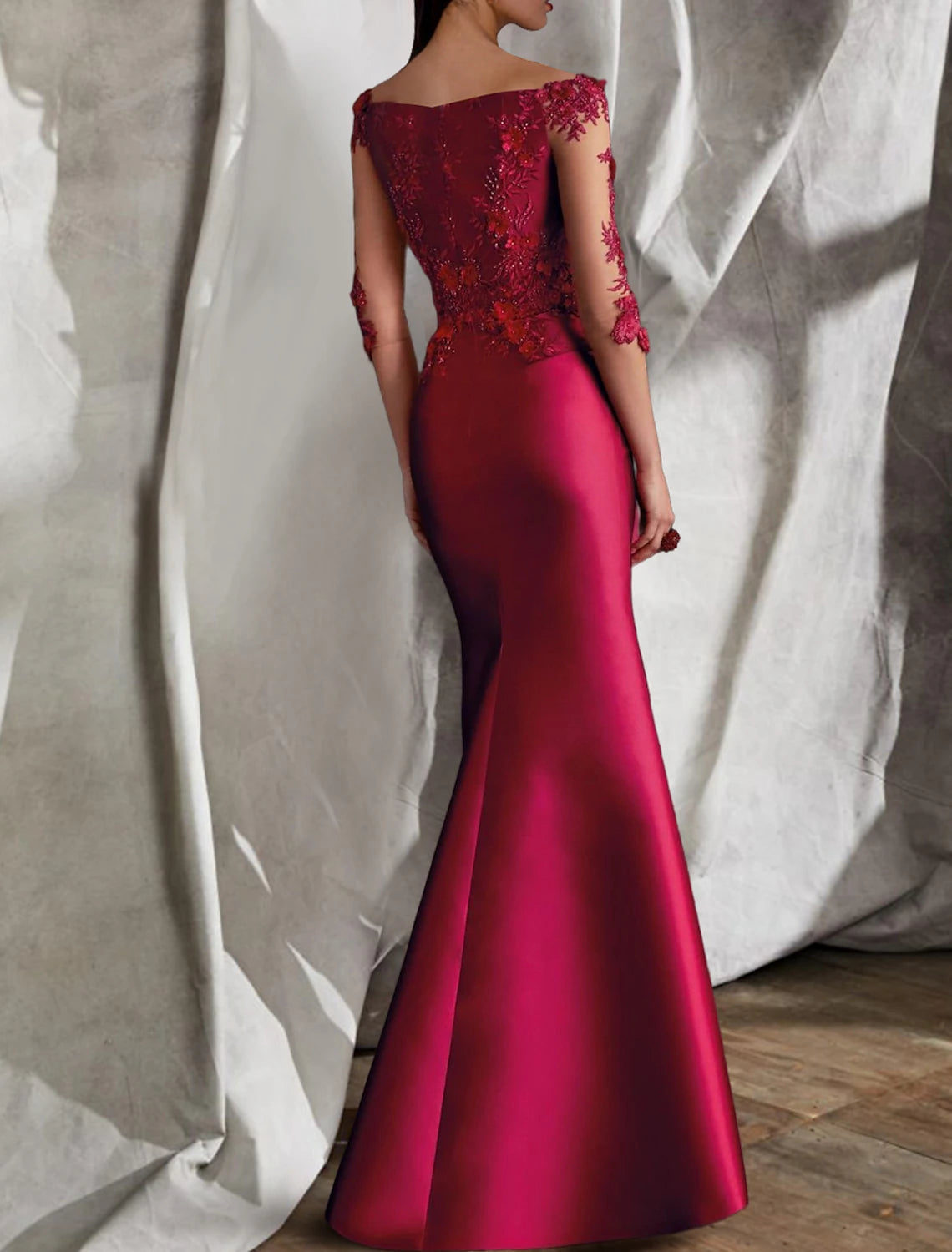 Meerjungfrau/Trompete Abendkleid Elegantes Kleid Hochzeitsgast Verlobung Bodenlang 3/4 Ärmel V-Ausschnitt Satin mit drapierten Schlitzapplikationen