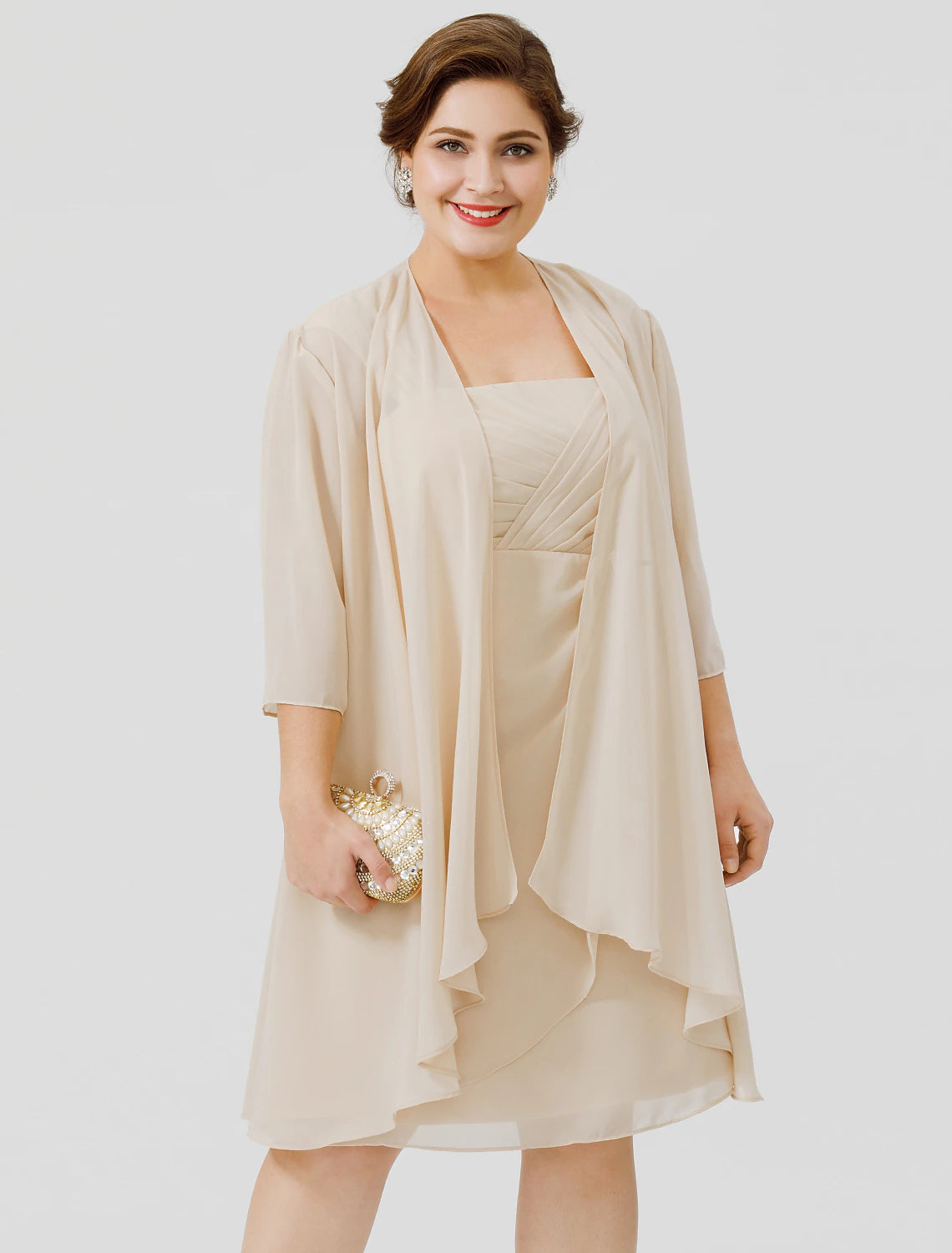 Etuikleid/Säulenkleid für die Brautmutter, Übergröße, elegante Träger, knielang, Chiffon, transparente Spitze, ärmellos, ja, mit überkreuzten Trägern