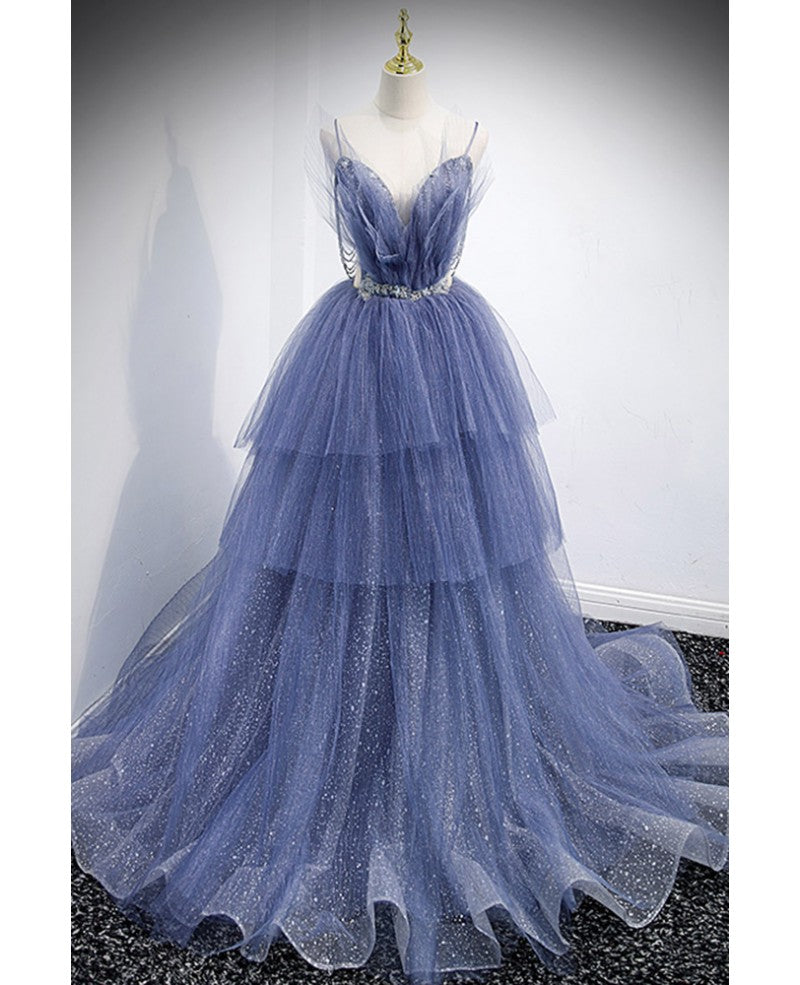 Charming Sky Blue Layered Shoulder Strap Beaded Water Diamond Sequins Sleeveless Ruffle Edge Ball Dress Sky Blue A-line/Princess Backless and Floor Length Prom Dress