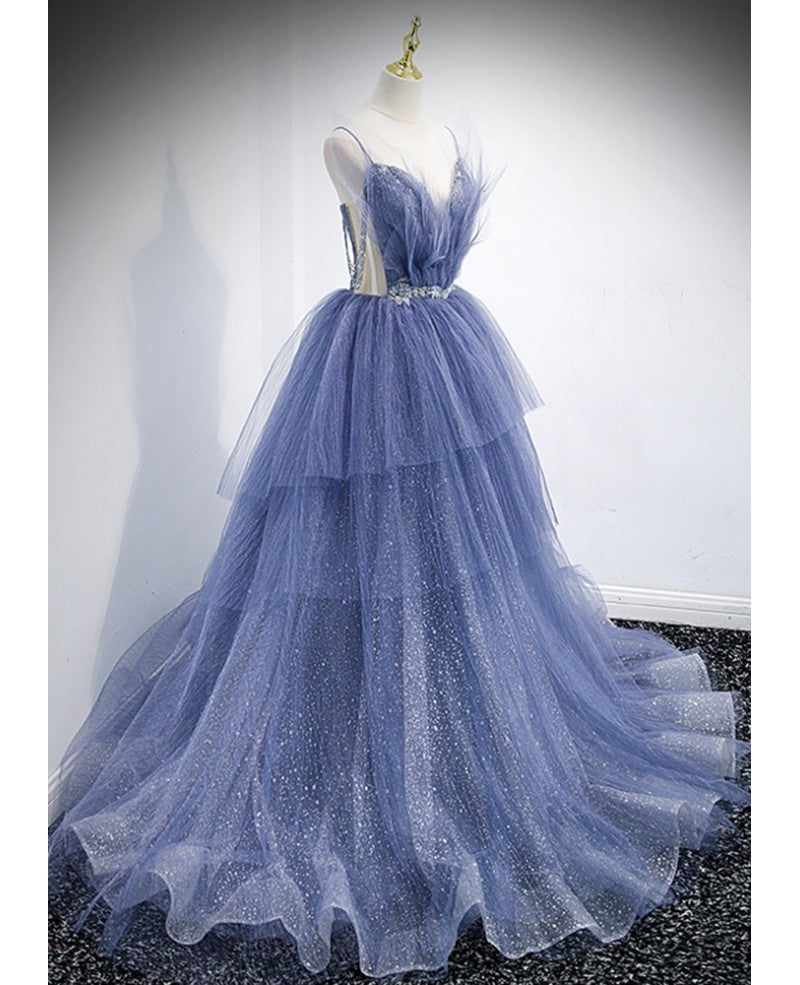 Charming Sky Blue Layered Shoulder Strap Beaded Water Diamond Sequins Sleeveless Ruffle Edge Ball Dress Sky Blue A-line/Princess Backless and Floor Length Prom Dress