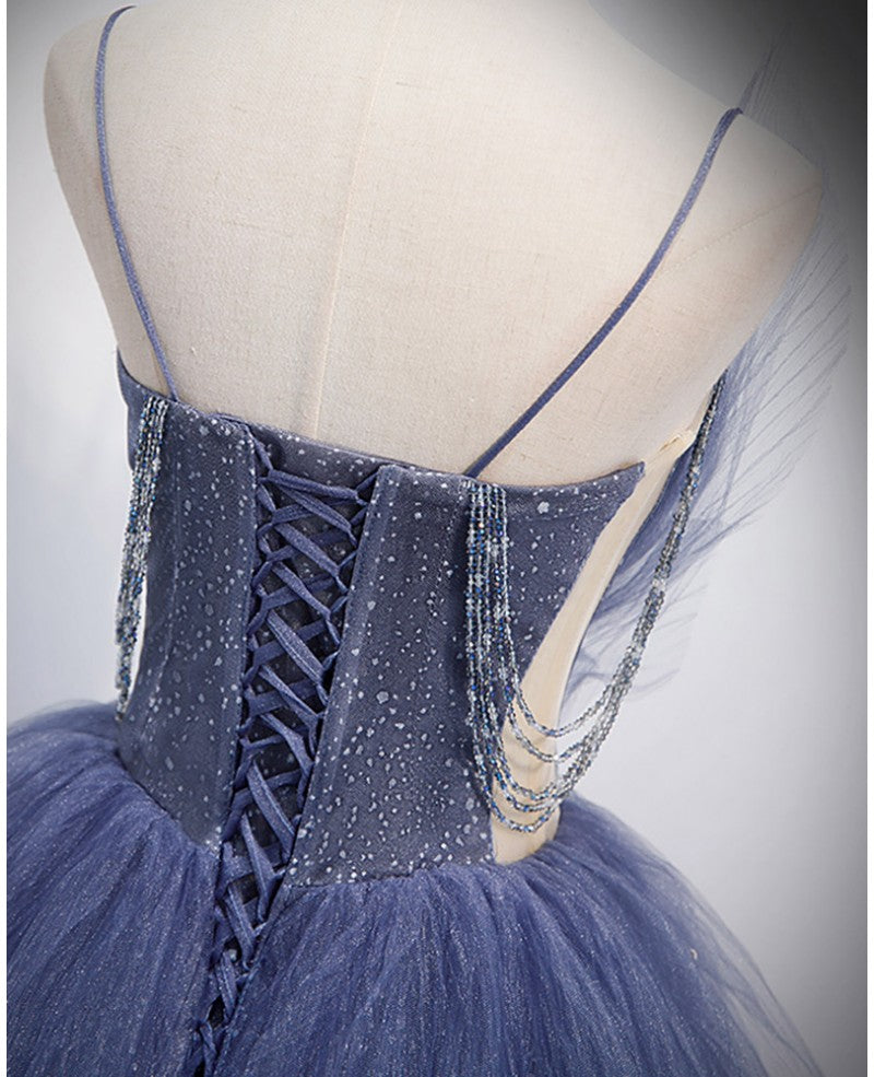 Charming Sky Blue Layered Shoulder Strap Beaded Water Diamond Sequins Sleeveless Ruffle Edge Ball Dress Sky Blue A-line/Princess Backless and Floor Length Prom Dress