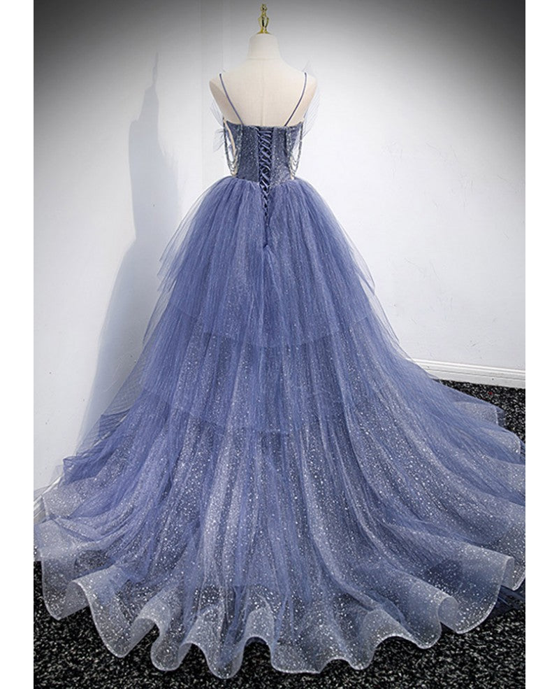 Charming Sky Blue Layered Shoulder Strap Beaded Water Diamond Sequins Sleeveless Ruffle Edge Ball Dress Sky Blue A-line/Princess Backless and Floor Length Prom Dress