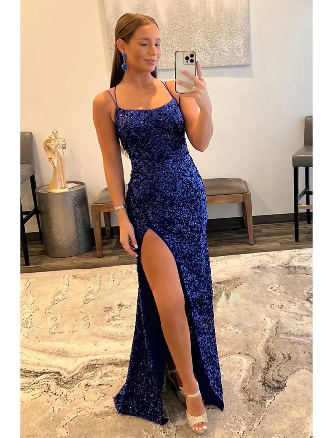 Robe de bal sirène/trompette, robe tendance, soirée de mariage formelle, traîne à balayage/pinceau, sans manches, bretelles spaghetti, dos nu pailleté avec fente à paillettes