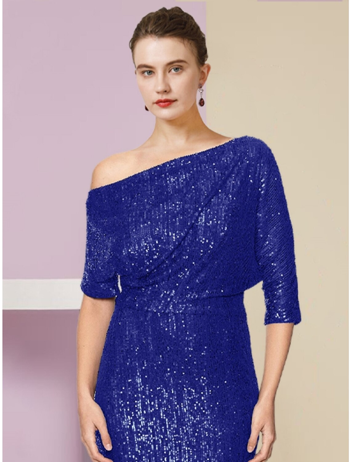 Etuikleid/Säulenkleid für die Mutter der Braut, Hochzeitsgast, Sparkle &amp; Shine, elegant, schulterfrei, Sweep/Pinselzug, Pailletten, halbe Ärmel mit Paillettenrüschen, einfarbig