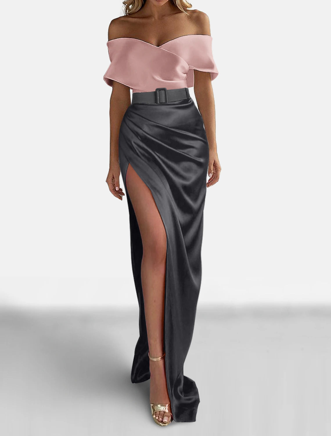 Etuikleid Abendkleid Elegantes Kleid Formal Sweep / Brush Train Rot Grün Kleid Kurzarm Off Shoulder Satin mit gerüschtem Schlitz