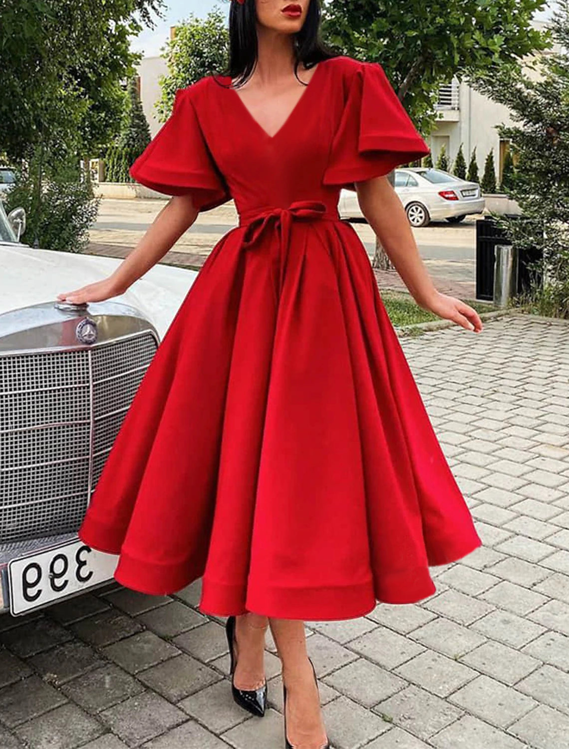 A-Line Cocktail Party Dress Elegant Dress Wedding Guest Fall Tea Length Short Sleeve V Neck Satin with Pleats Strappy