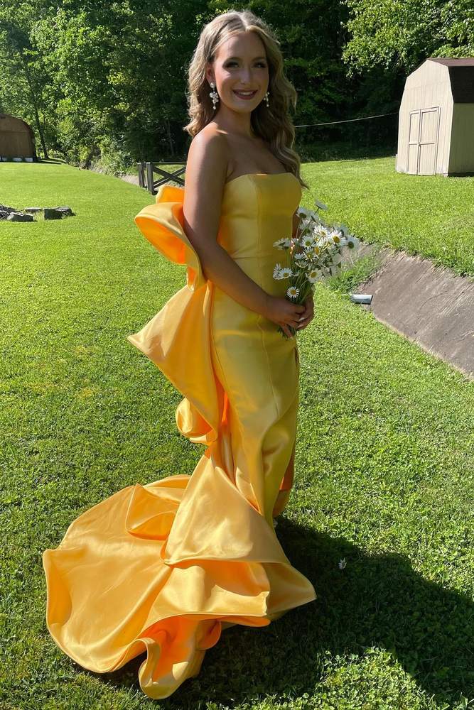 Sunny‑Yellow Mermaid Strapless Square‑Neck Oversized‑Bow‑Back High‑Slip Ruffled‑Train Floor‑Length Satin Prom Dress