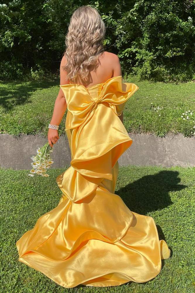 Sunny‑Yellow Mermaid Strapless Square‑Neck Oversized‑Bow‑Back High‑Slip Ruffled‑Train Floor‑Length Satin Prom Dress
