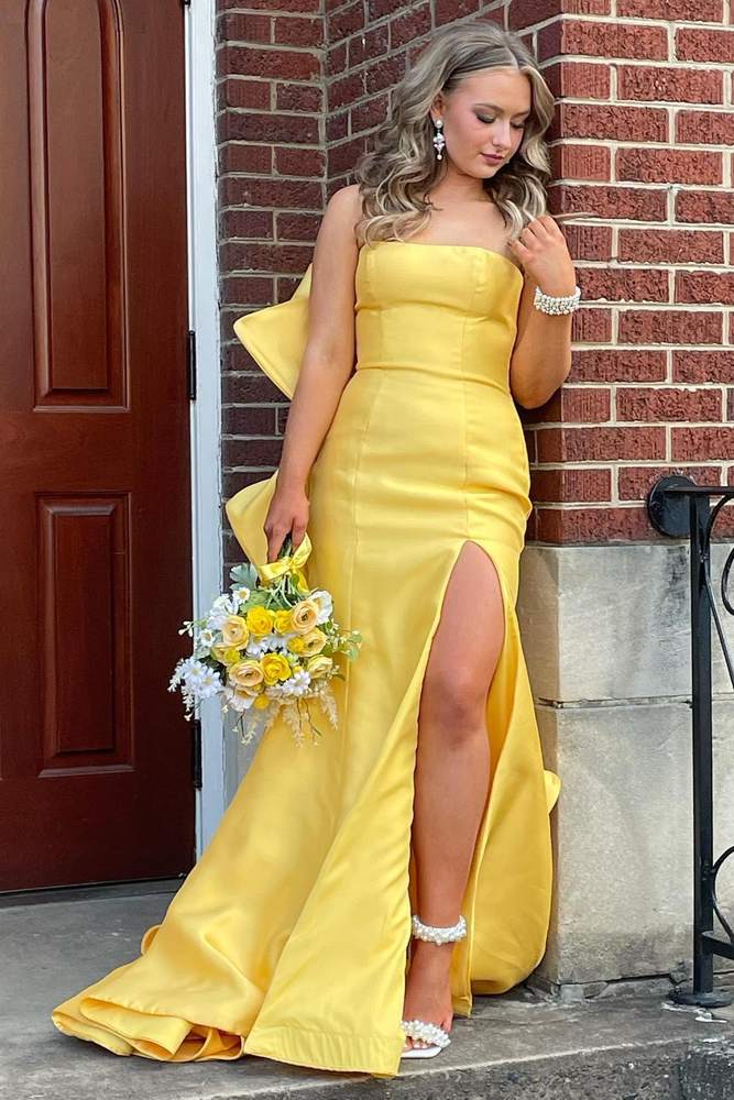 Sunny‑Yellow Mermaid Strapless Square‑Neck Oversized‑Bow‑Back High‑Slip Ruffled‑Train Floor‑Length Satin Prom Dress