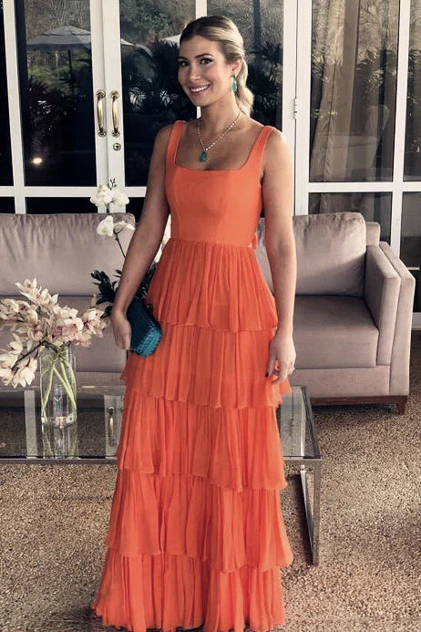 Sunny Orange A‑Line Square‑Neck Open‑Back Oversized‑Bow Tiered‑Ruffle Maxi Formal Dress