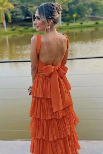 Sunny Orange A‑Line Square‑Neck Open‑Back Oversized‑Bow Tiered‑Ruffle Maxi Formal Dress