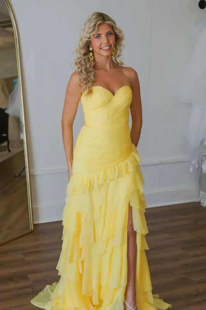 Sunny Yellow A‑Line Sweetheart Strapless Open‑Back Floor‑Length Prom Dress