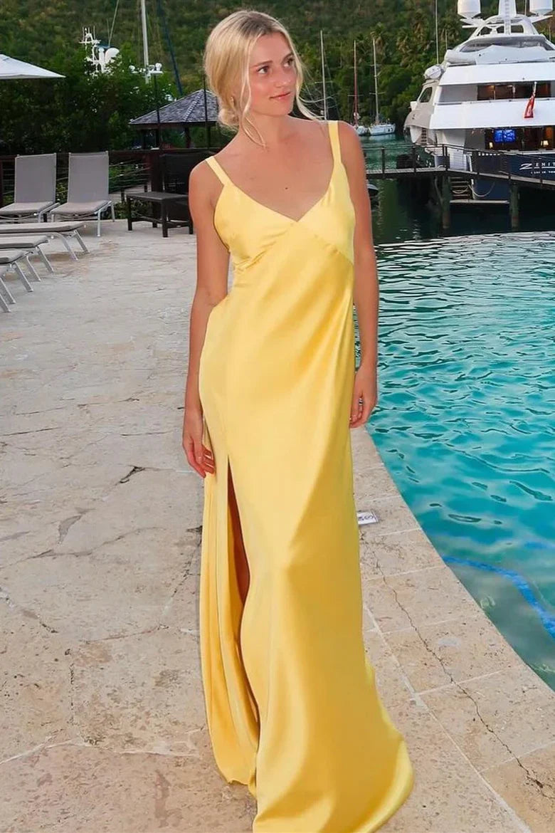 Sunshine Yellow A‑Line V‑Neck Tie‑Back Open‑Back High‑Slit Floor‑Length Satin Formal Dress