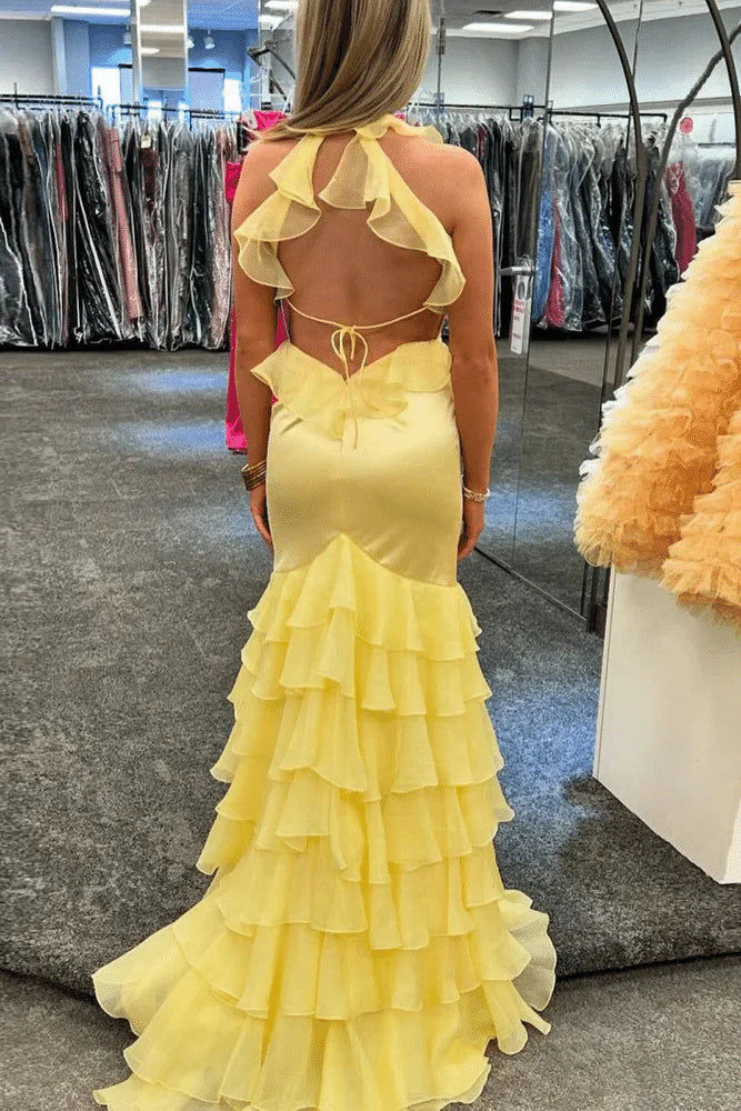 Sunshine Yellow Mermaid Halter‑Neck Ruffled‑Trim Open‑Back Tiered‑Chiffon‑Ruffle Floor‑Length Prom Dress