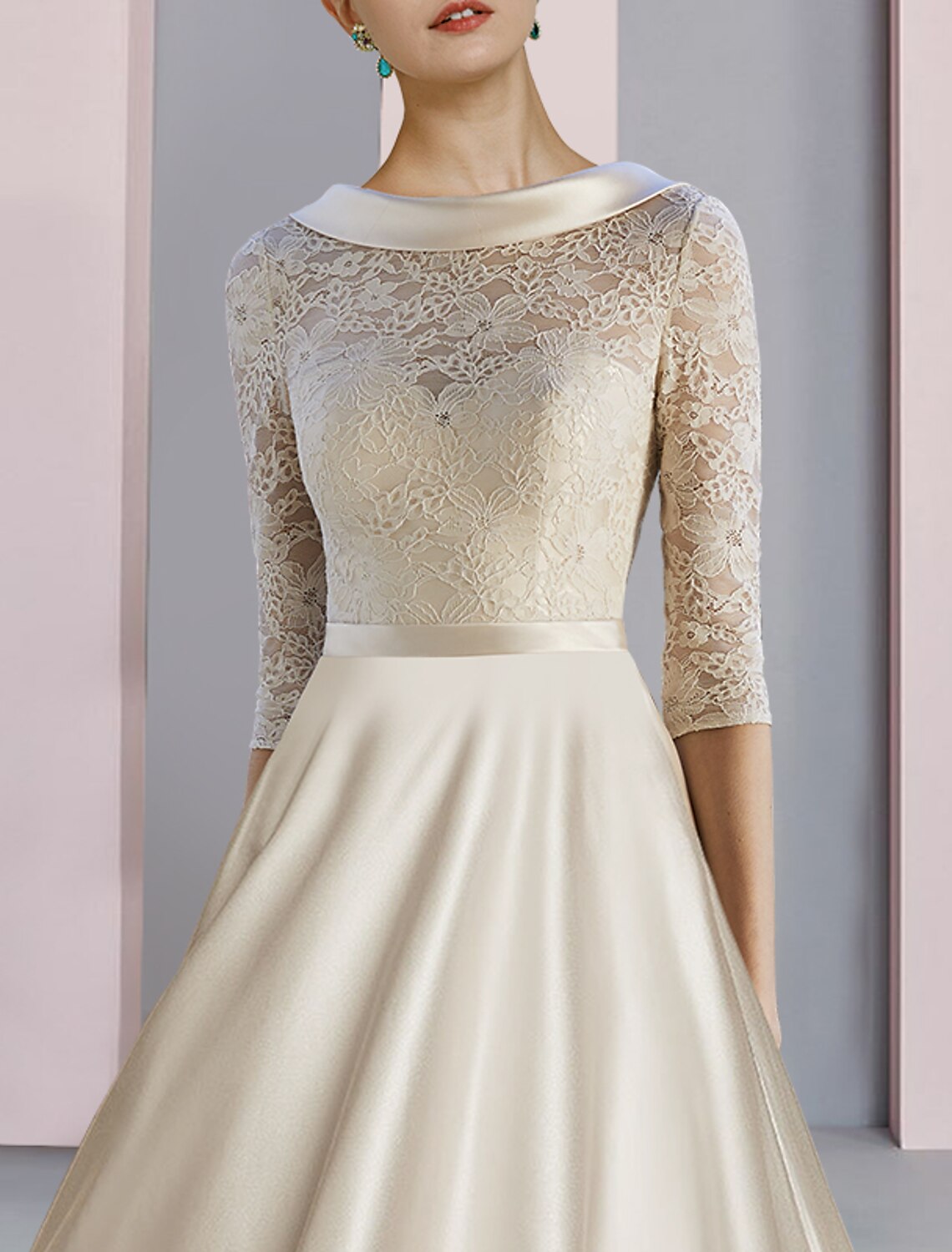 Etuikleid/Säulenkleid für die Brautmutter, Hochzeitsgast, Party, elegant, U-Ausschnitt, bodenlang, Satin, Spitze, halbe Ärmel, mit Schleife(n), Falten