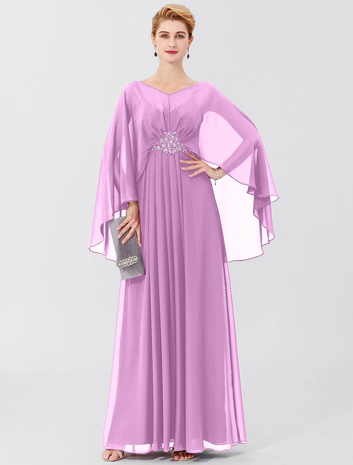 Etuikleid/Säulenkleid für die Mutter der Braut, formell, elegant, klassisch und zeitlos, elegant und luxuriös, V-Ausschnitt, bodenlang, Chiffon, lange Ärmel, mit Falten, Perlenbesatz