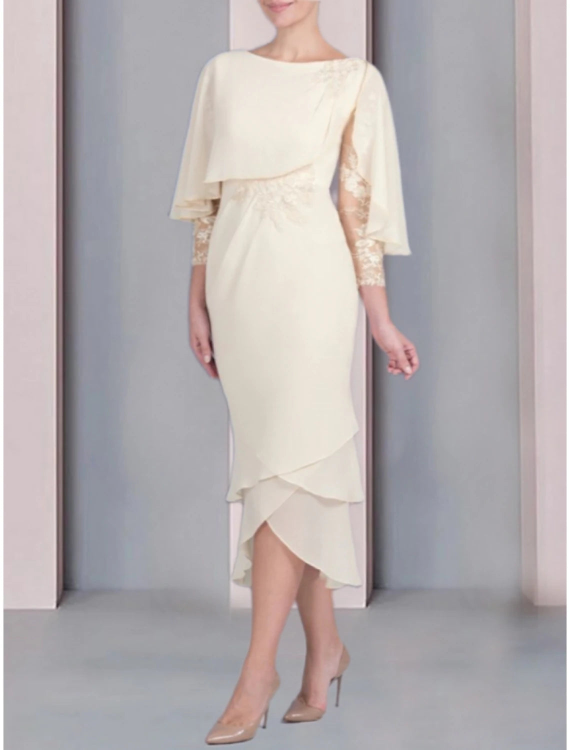 Etuikleid/Säulenkleid für die Brautmutter, Hochzeitsgast, elegant, zierlich, U-Ausschnitt, knielang, Chiffon, 3/4-Ärmel mit Spitzenapplikationen