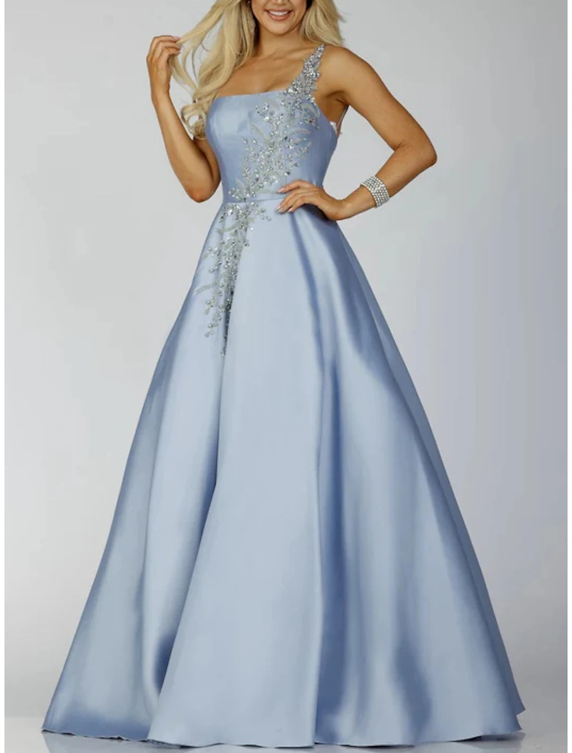 A-Line Prom Dresses Sparkle Dress Formal Prom Floor Length Sleeveless One Shoulder Satin Backless with Glitter Sequin