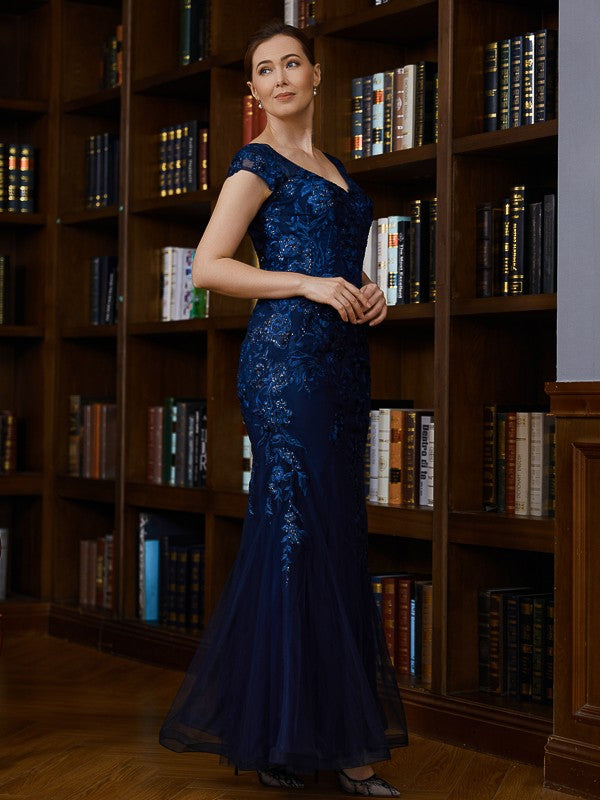 Robe de mère de la mariée fourreau/colonne en tulle, col en V, manches courtes, longueur au sol