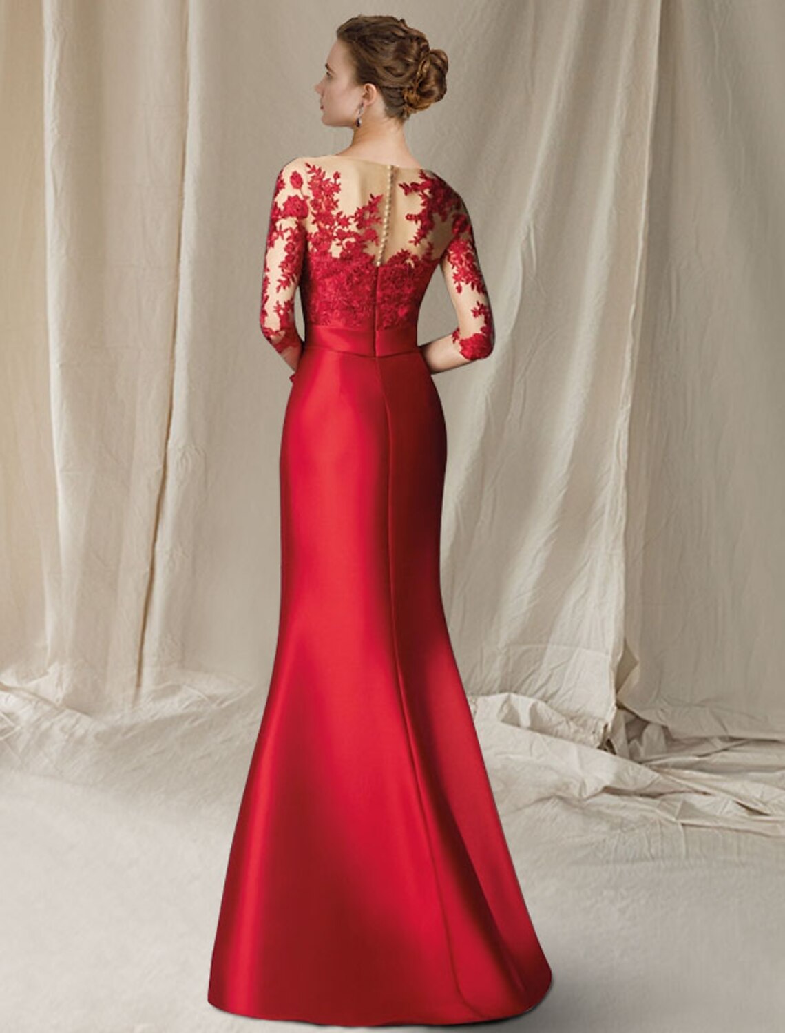 Meerjungfrau/Trompete Kleid für die Brautmutter, elegant, Übergröße, Rundhalsausschnitt, bodenlang, Satin, Spitze, halbe Ärmel, mit Schleifenapplikationen