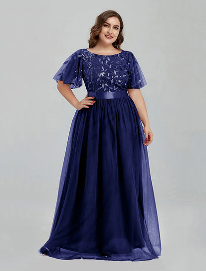 A-Linie Ballkleider Blumenkleid Hochzeitsgast Partykleidung Bodenlang Kurzarm Rundhals Brautjungfernkleid Tüll mit Stickerei