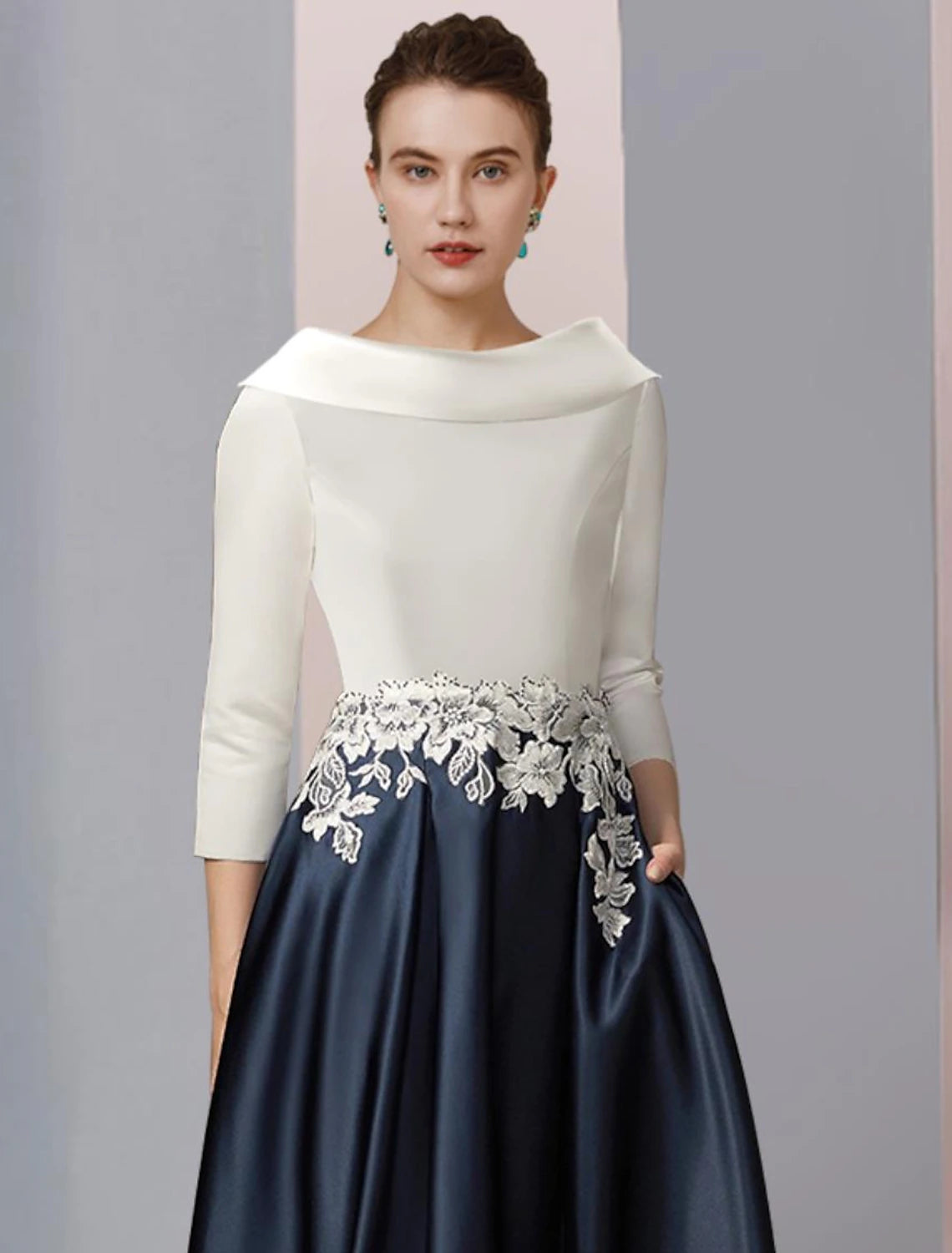 A-Linien-Kleid für die Mutter der Braut, formeller Hochzeitsgast, eleganter Vintage-Bateau-Ausschnitt, teelang, Satinspitze, halbe Ärmel mit Falten, Applikationen, Farbblock