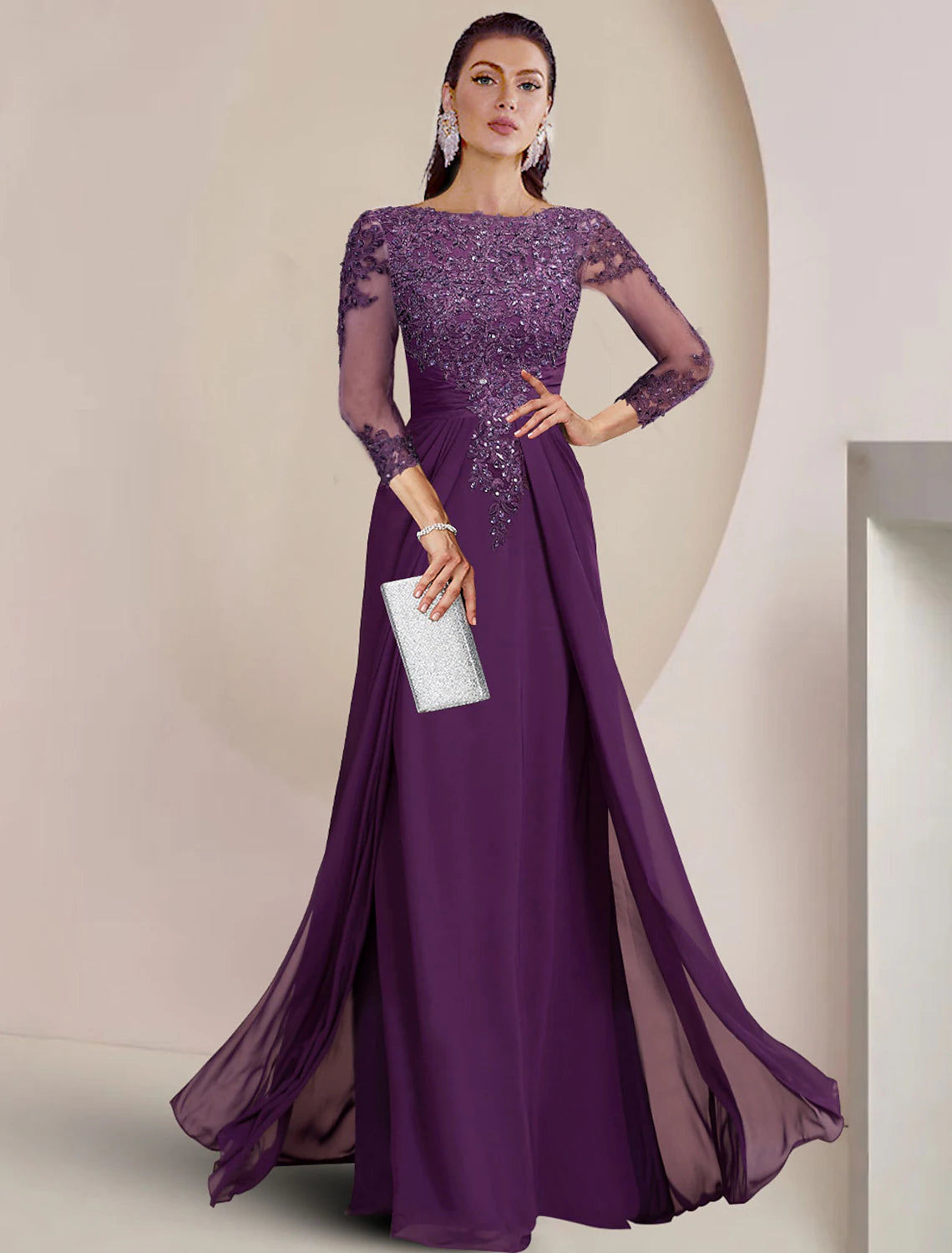 Etuikleid/Säulenkleid für die Mutter der Braut, formelle Herbsthochzeitsgäste, elegante Pailletten, Rundhalsausschnitt, bodenlange Chiffonspitze, 3/4-Ärmel mit Applikationen, funkeln und glänzen