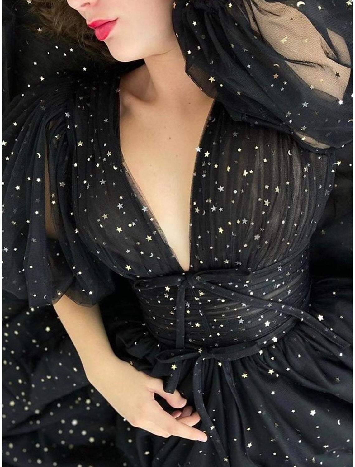 A-Line Prom Dresses Elegant Dress Wedding Guest Prom Court Train Half Sleeve V Neck Wednesday Addams Family Tulle V Back with Bow(s)