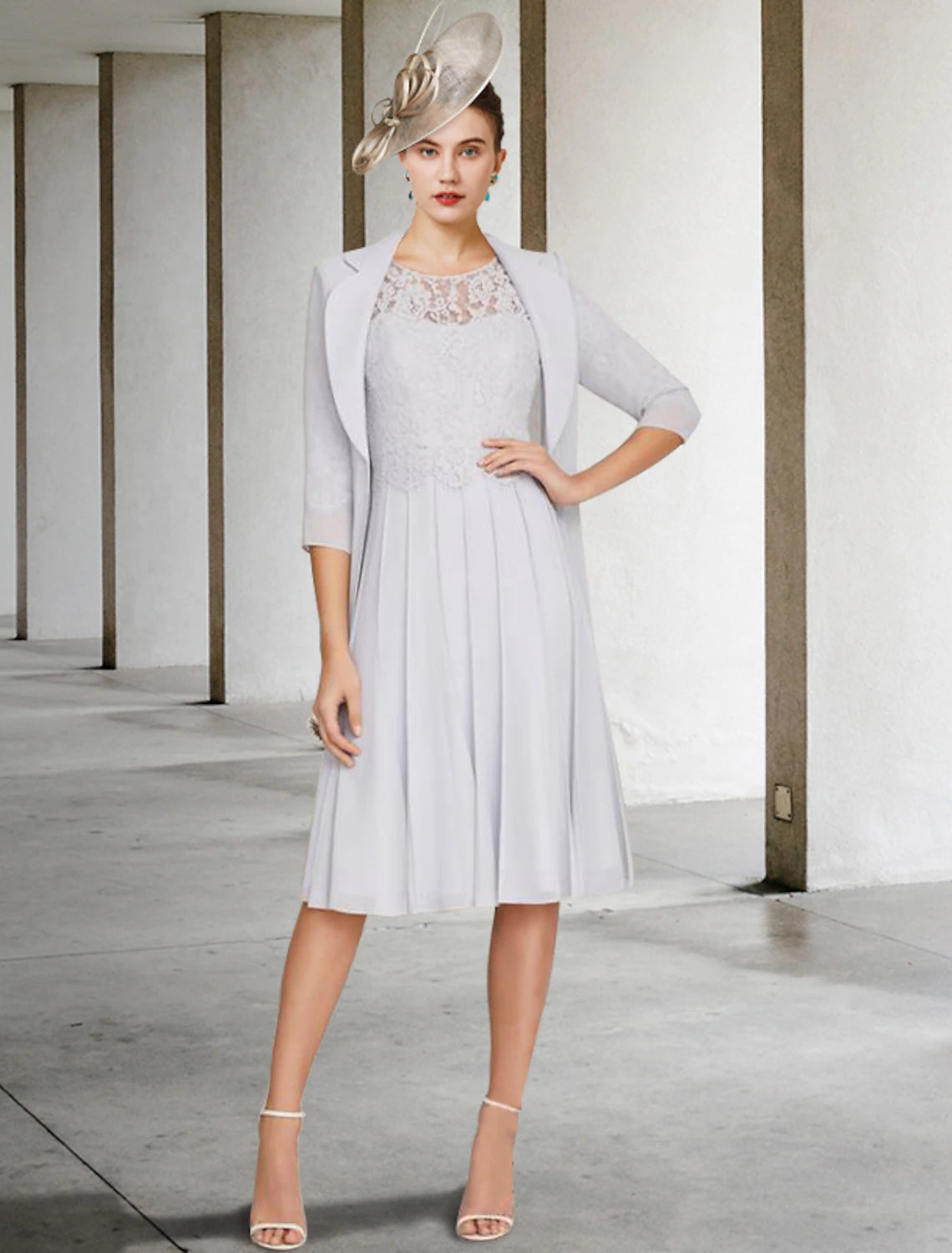 Zweiteiliges A-Linien-Kleid für die Brautmutter, elegantes V-Ausschnitt, knielanges Satin-Spitzen-Jackenkleid mit halben Ärmeln und Falten