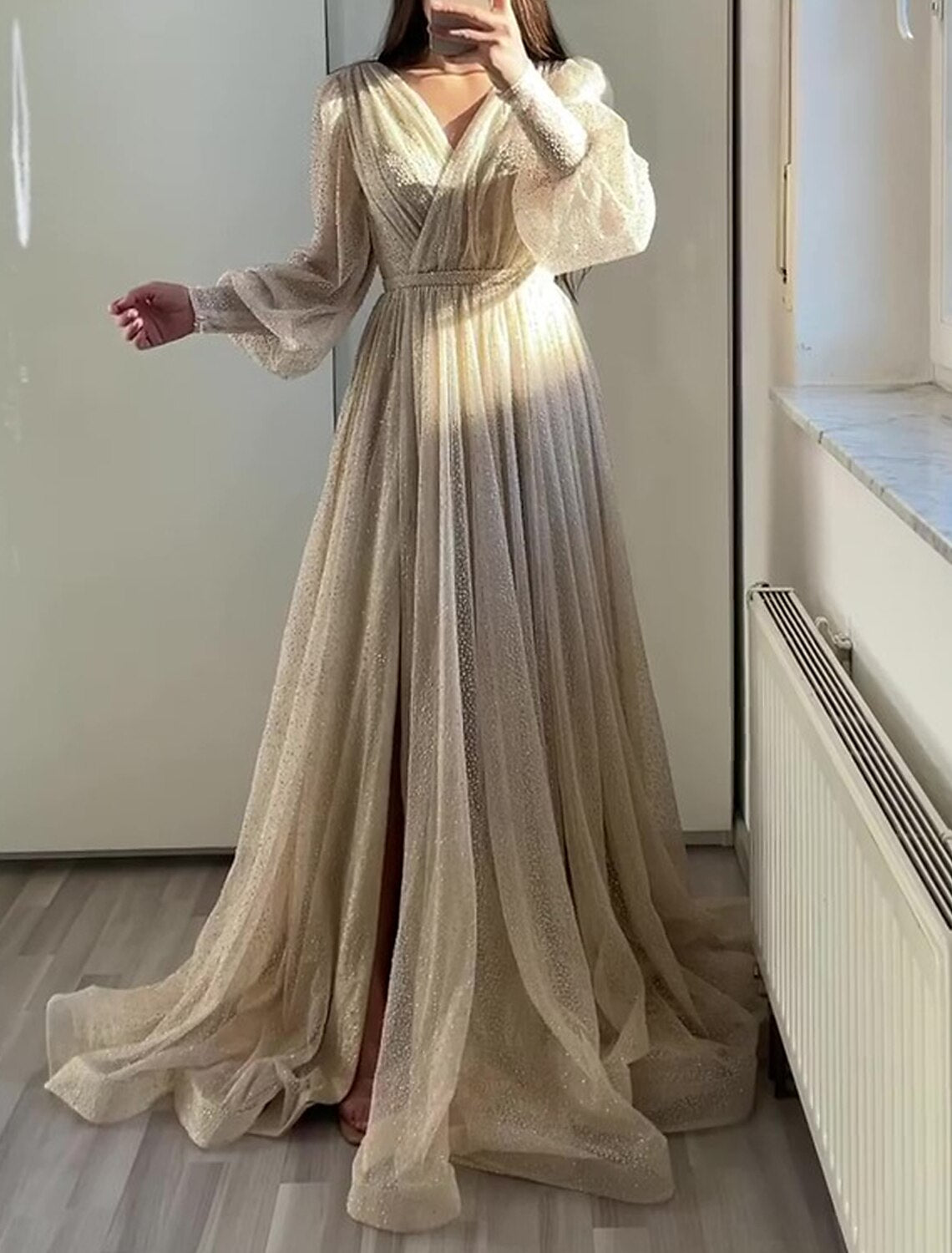 Robe de bal trapèze élégante, tenue de soirée, noire, longueur au sol, manches longues, col en V, tulle froncé, pour invité de mariage