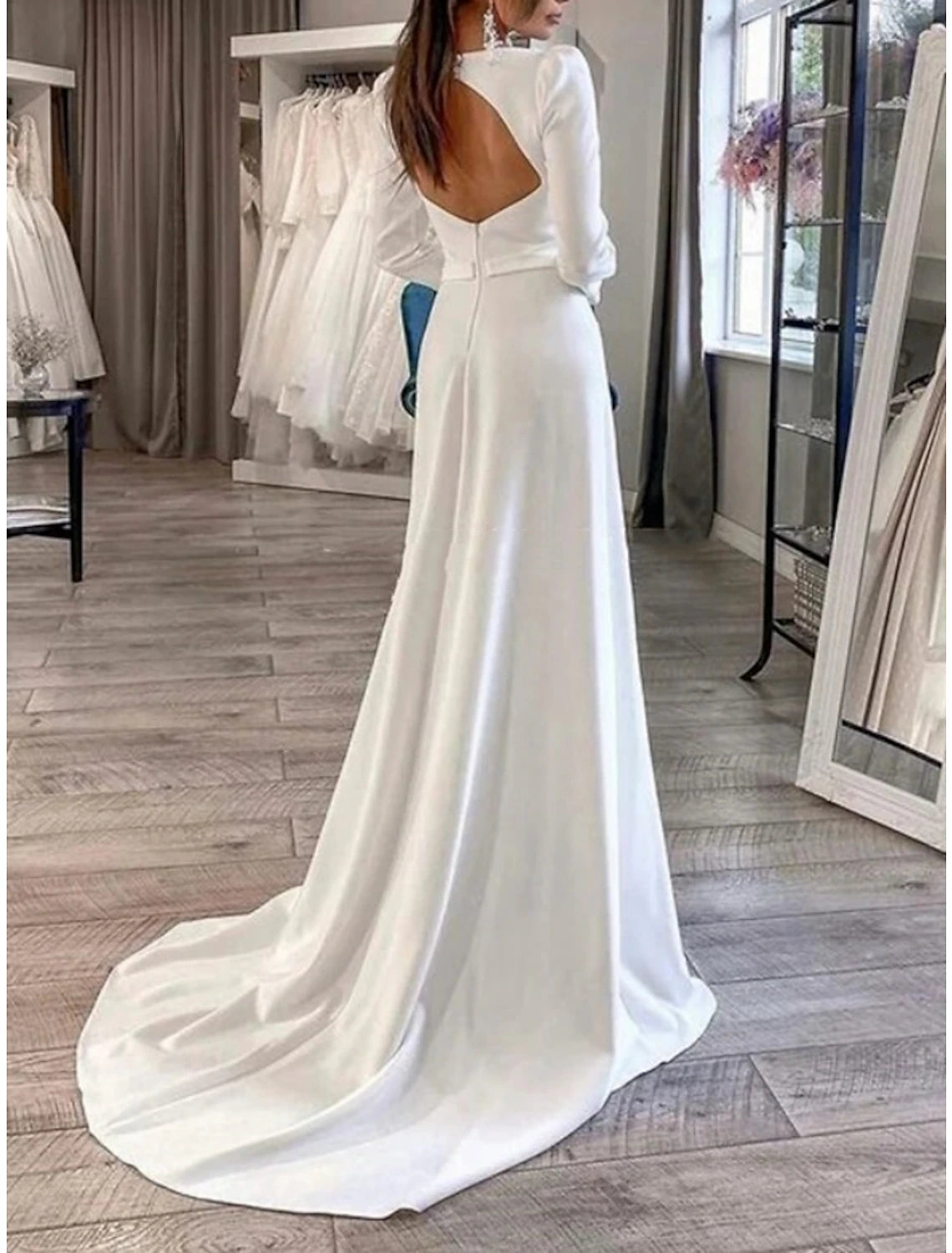Formelle Brautkleider Etui-Linie Herzausschnitt Langarm Hofschleppe Satin Brautkleider mit Falten Schlitz Vorne