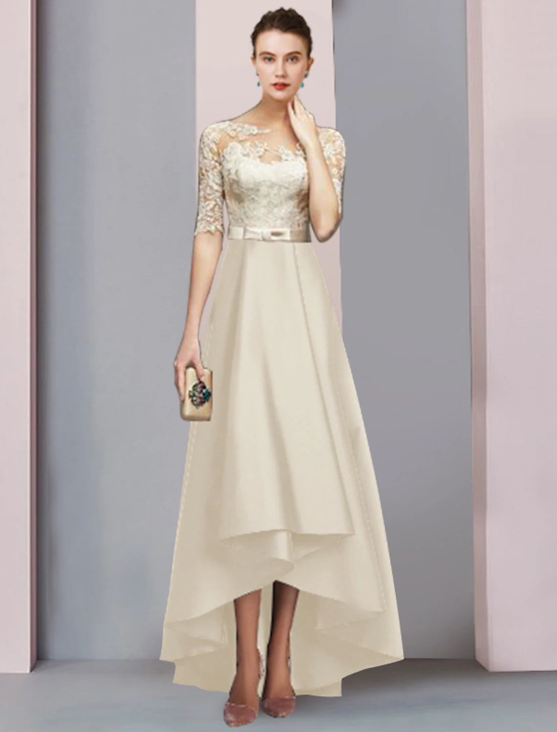 A-Linien-Kleid für die Mutter der Braut, formeller Hochzeitsgast, elegant, hoch und tief, U-Ausschnitt, asymmetrisch, knielang, Satin, Spitze, halbe Ärmel mit Schleifenapplikationen
