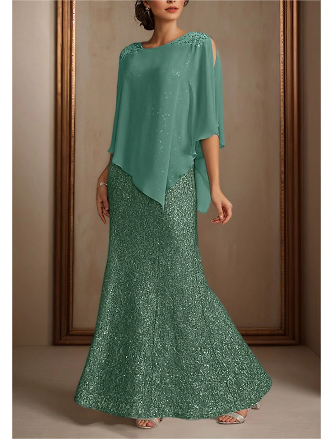 Two Piece Mermaid / Trumpet Mother of the Bride Dress Formal Wedding Guest Elegant Jewel Neck Floor Length Chiffon Sequined 3/4 Length Sleeve Wrap Included with Beading Sequin