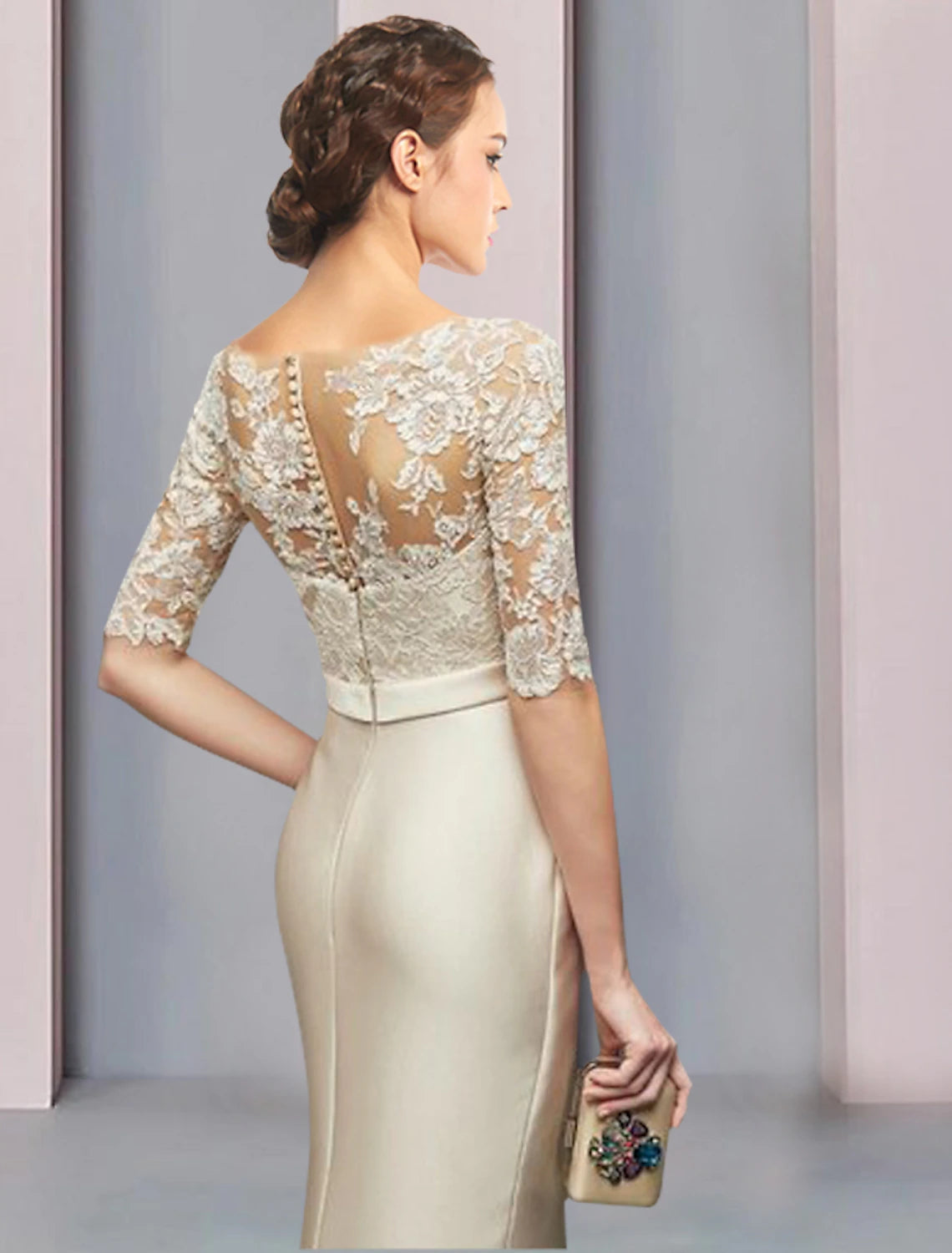 Etuikleid/Säulenkleid für die Brautmutter, Hochzeitsgast, Party, elegant, Rundhalsausschnitt, bodenlang, Satin, Spitze, halbe Ärmel mit Schleife(n), Rüschen