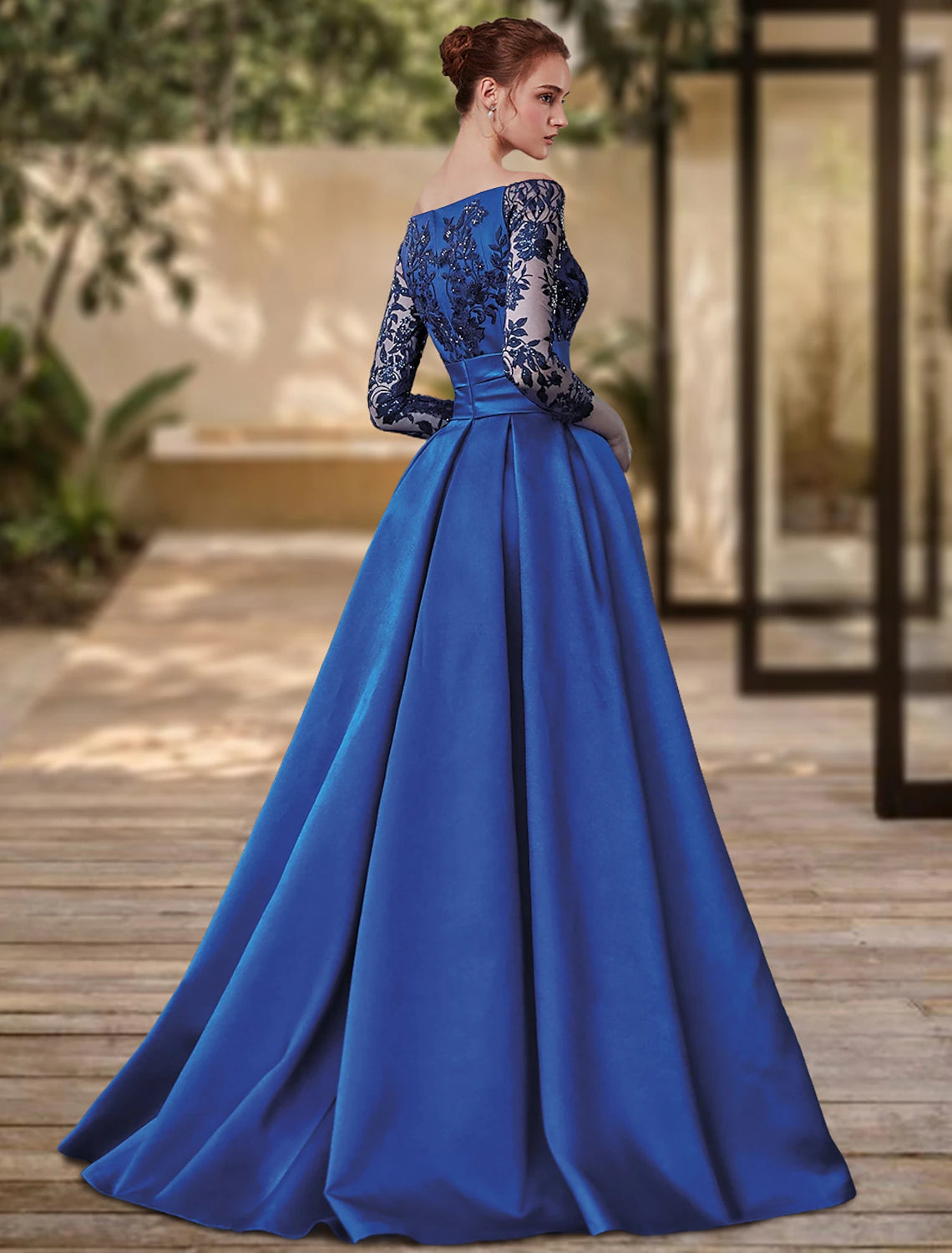 Etui-/Säulen-Abendkleid mit hohem Schlitz, formelle Hochzeitsgast-Kleidung, Pinselschleppe, 3/4-Ärmel, schulterfrei, Charmeuse mit Schleife(n), Paillettenschlitz