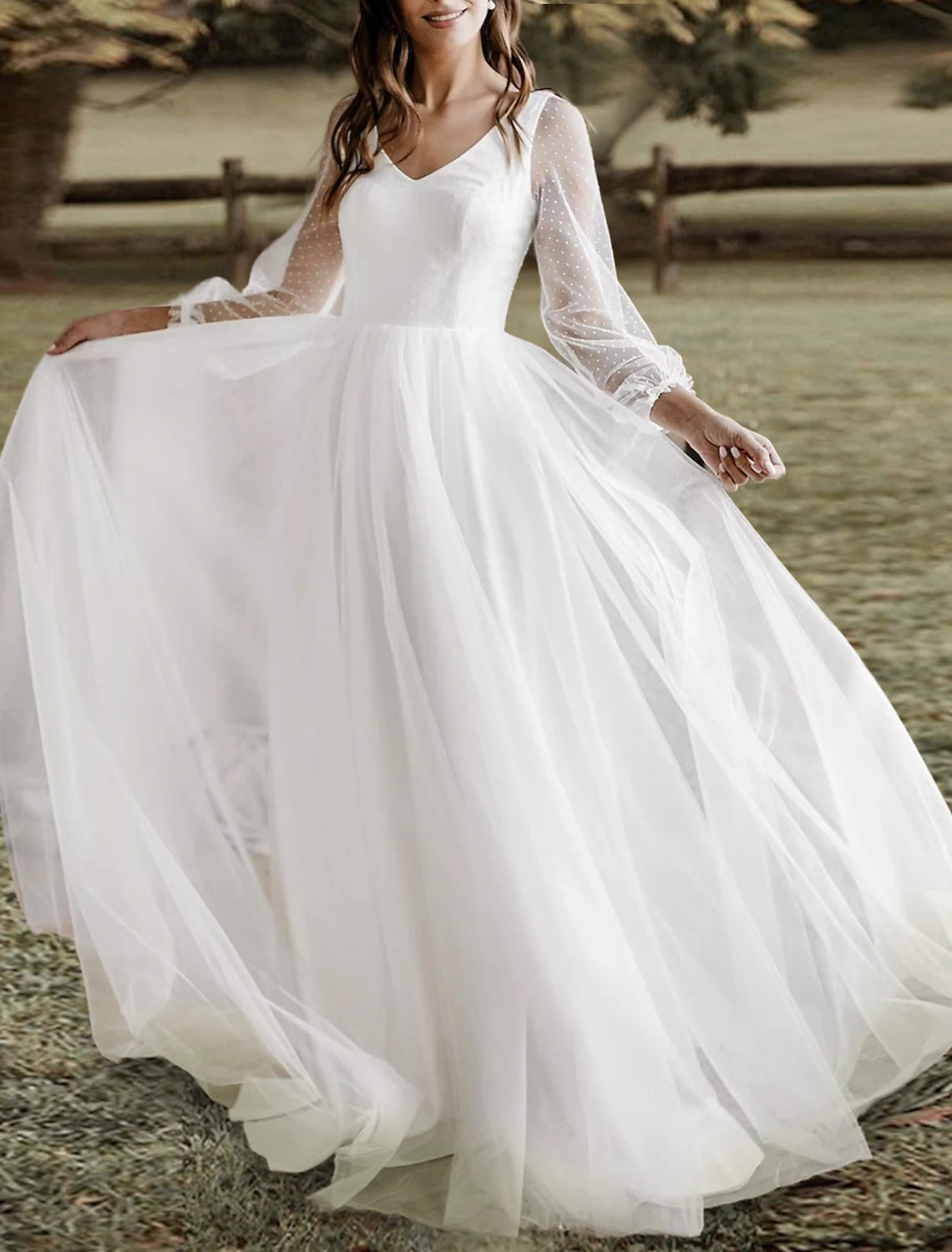Hall Casual Boho Brautkleider A-Linie V-Ausschnitt Langarm Bodenlang Spitze Brautkleider mit Volltonfarbe
