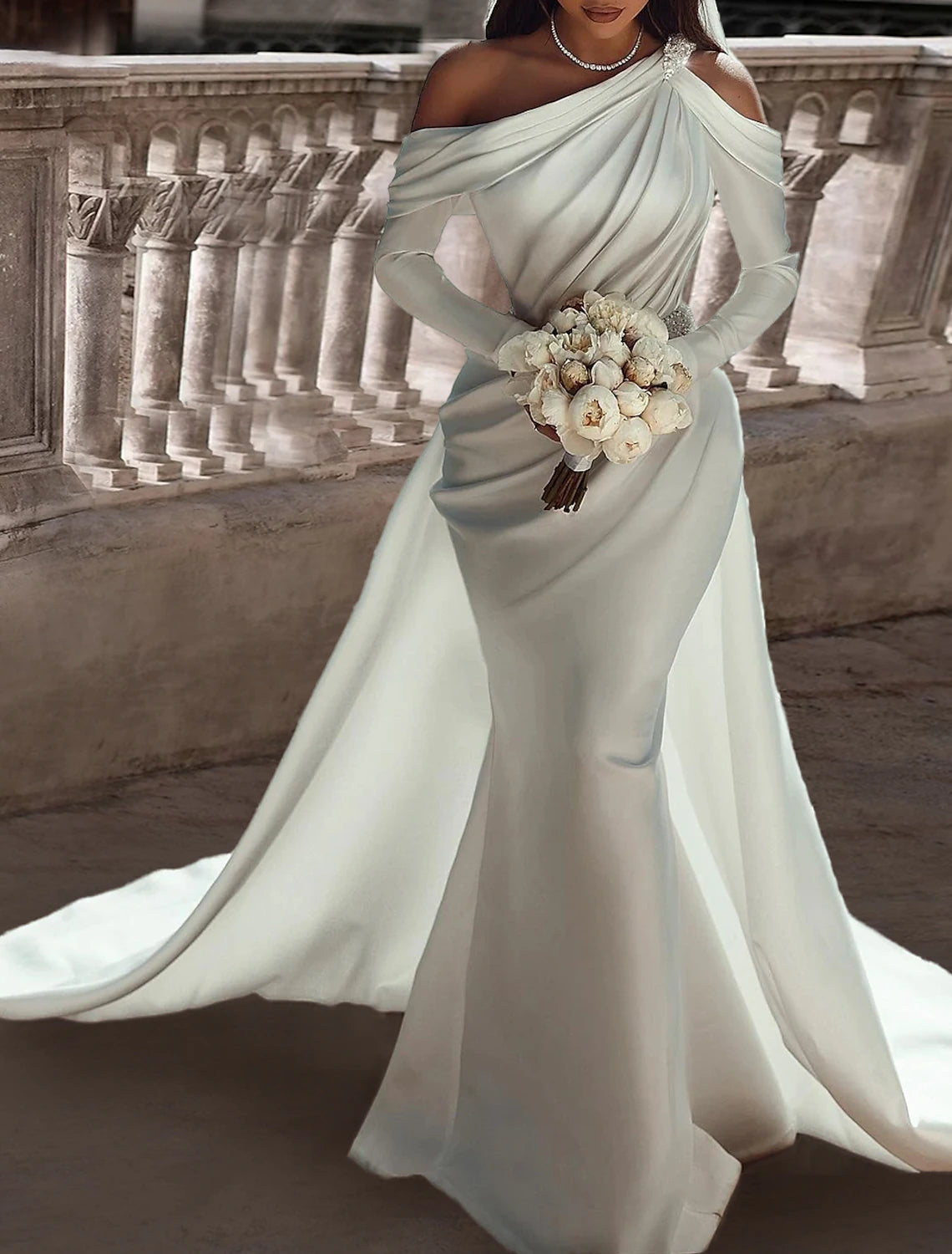 Formelle Brautkleider Zweiteilige One-Shoulder Langarm Bodenlangen Satin Brautkleider Mit Schärpe/Band Perlen