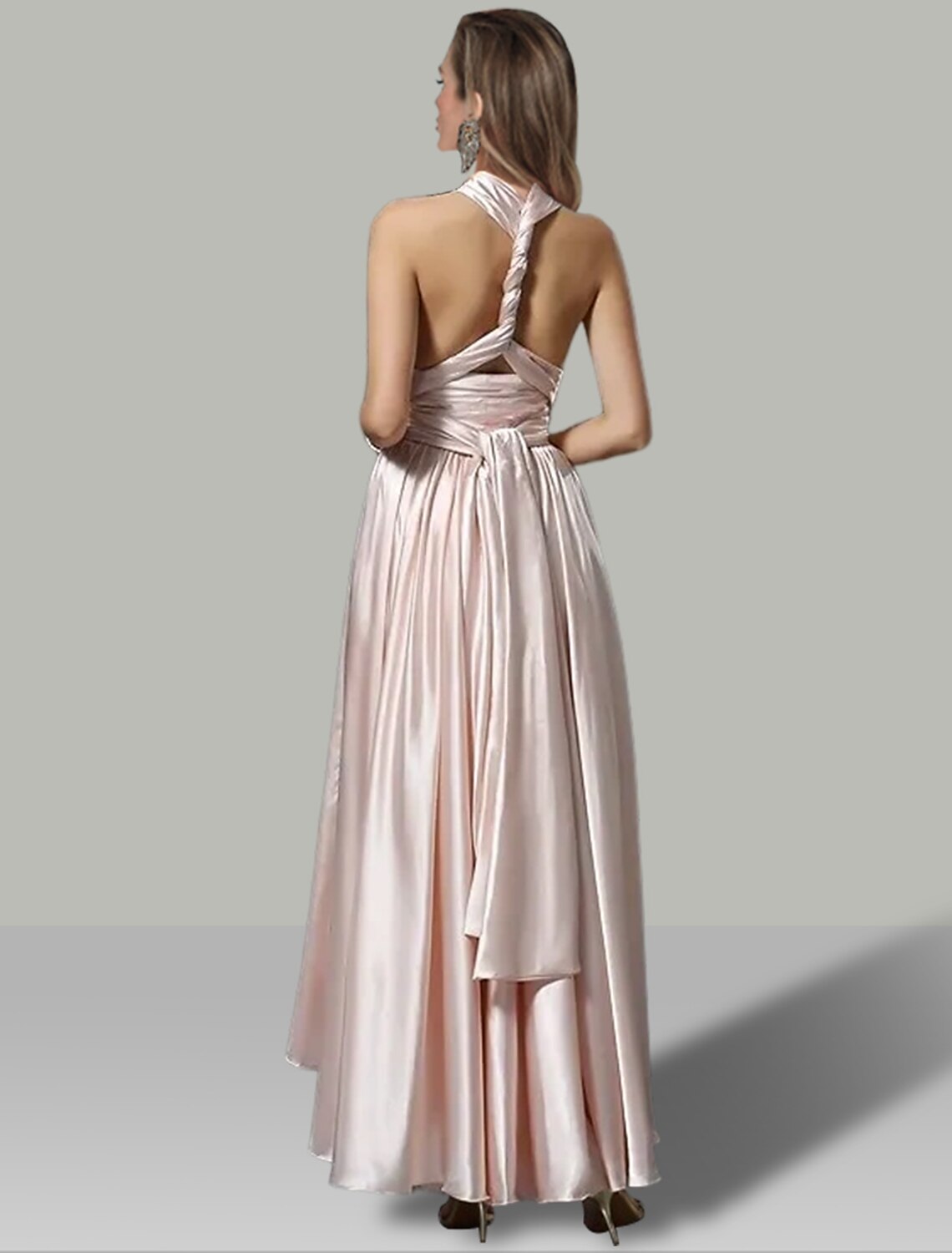 Robe de mariée trapèze asymétrique sans manches, col en V, convertible, en satin avec fronces