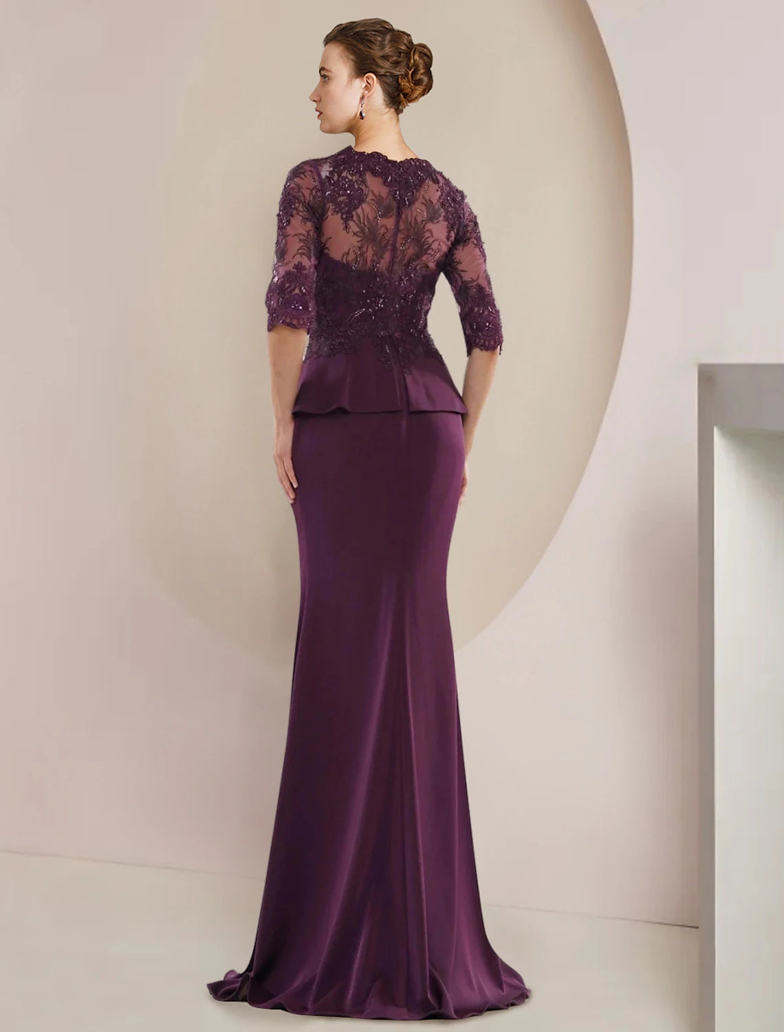 Meerjungfrau/Trompete Kleid für die Mutter der Braut, formeller Hochzeitsgast, elegant, luxuriös, V-Ausschnitt, bodenlang, Spitze, Stretch-Chiffon, halbe Ärmel mit Perlenbesatz, Rüschen, Applikationen