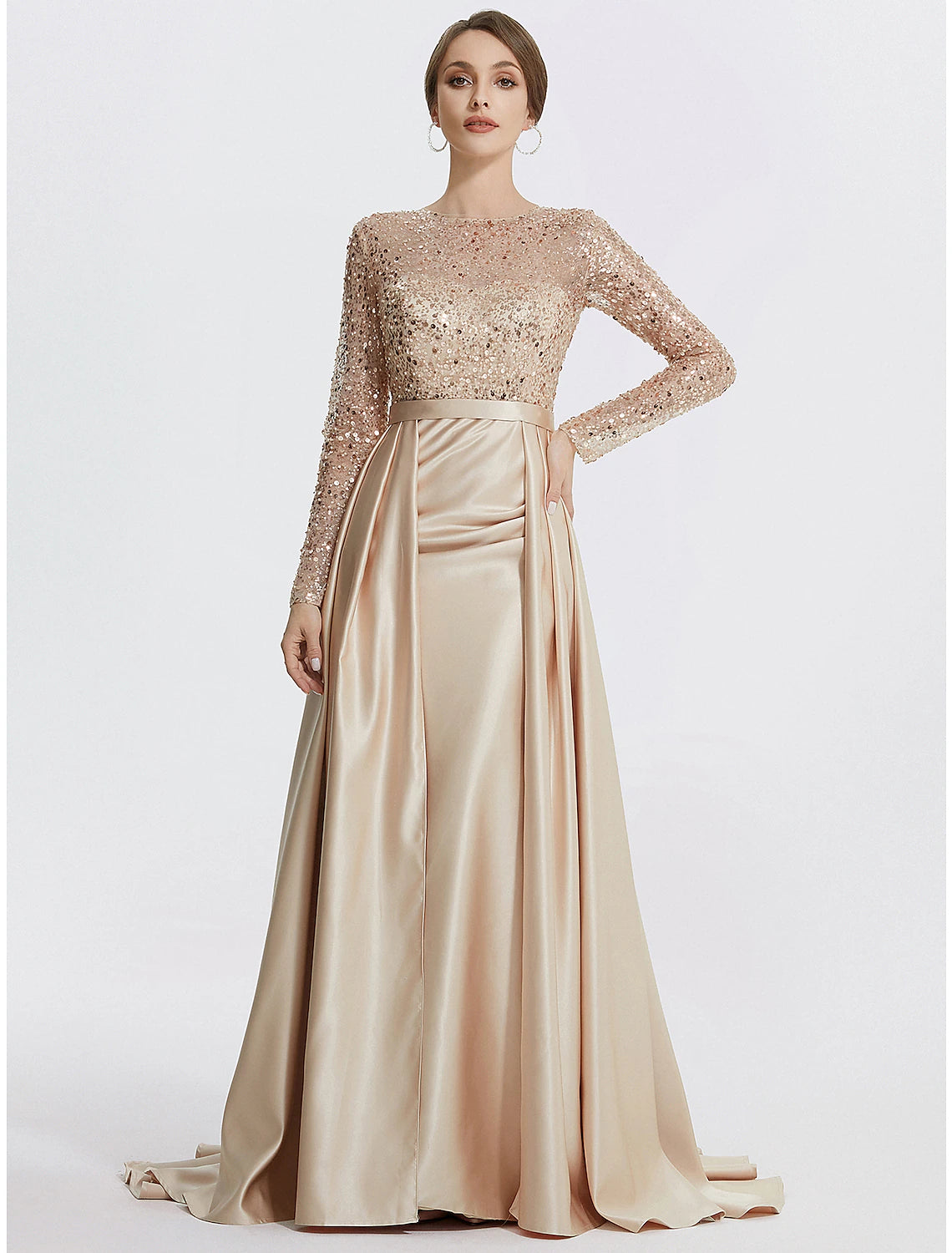 Meerjungfrau/Trompete Abendkleid Elegantes Kleid Formeller Abschlussball Bodenlang Langarm Rundhalsausschnitt Pailletten mit Glitzerpailletten