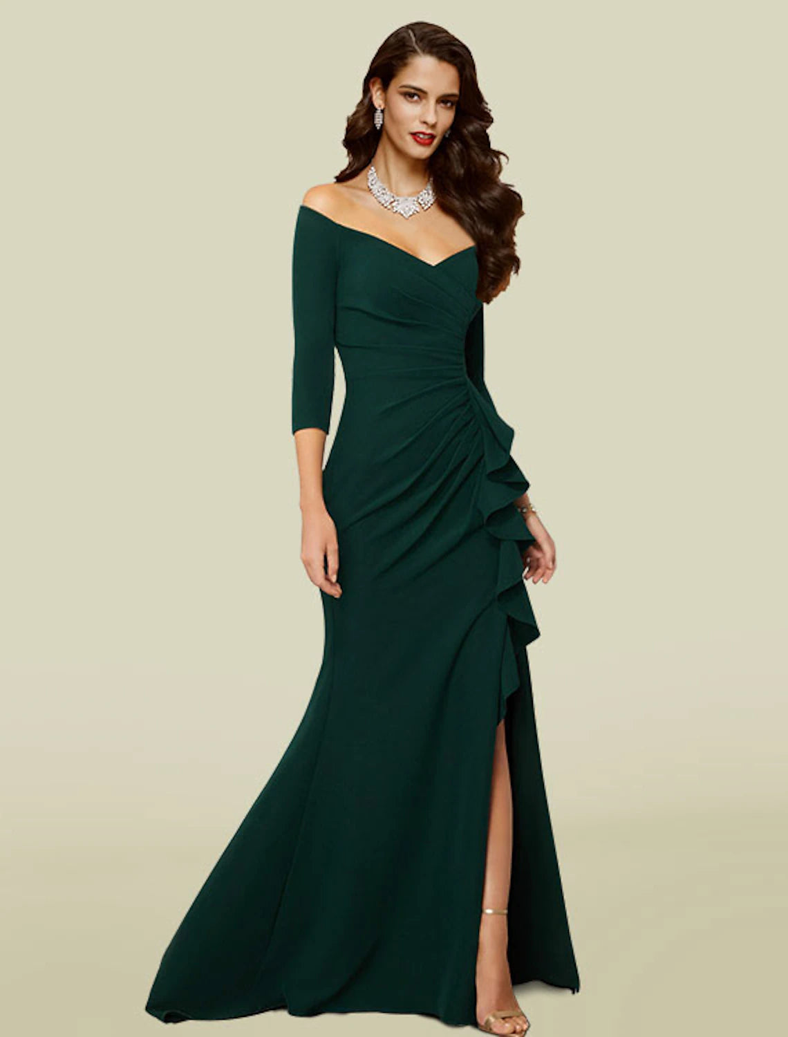 Meerjungfrau/Trompete Kleid für die Brautmutter, Hochzeitsgast, elegant, sexy, schulterfrei, V-Ausschnitt, Hofschleppe, Stretch-Stoff, 3/4-Ärmel mit drapierter, geschlitzter Vorderseite