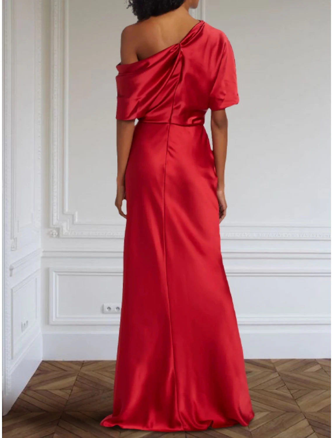 Etuikleid/Säulenkleid, formelles Abendkleid, elegantes Kleid, formelles Kleid, bodenlang, halbe Ärmel, schulterfrei, Satin mit Falten, gerüscht