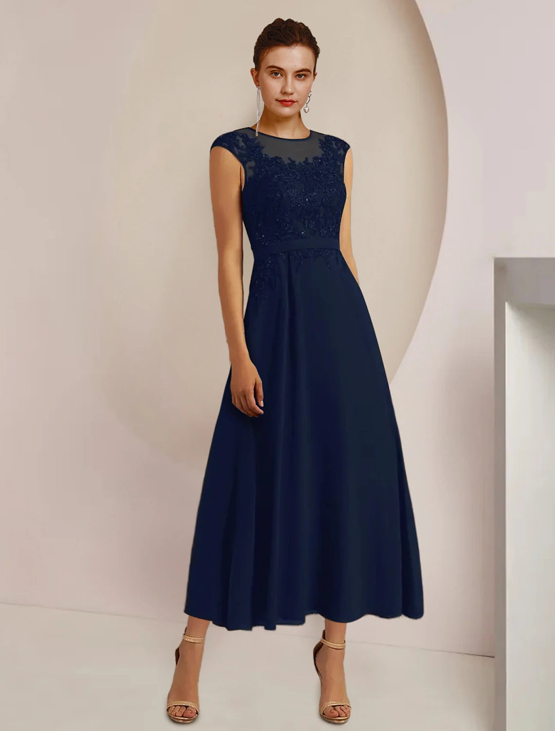Zweiteiliges A-Linien-Kleid für die Mutter der Braut, formeller Hochzeitsgast, eleganter U-Ausschnitt, knielang, Chiffon, Spitze, 3/4-Ärmel, Jackenkleider mit Schärpe/Band-Applikationen