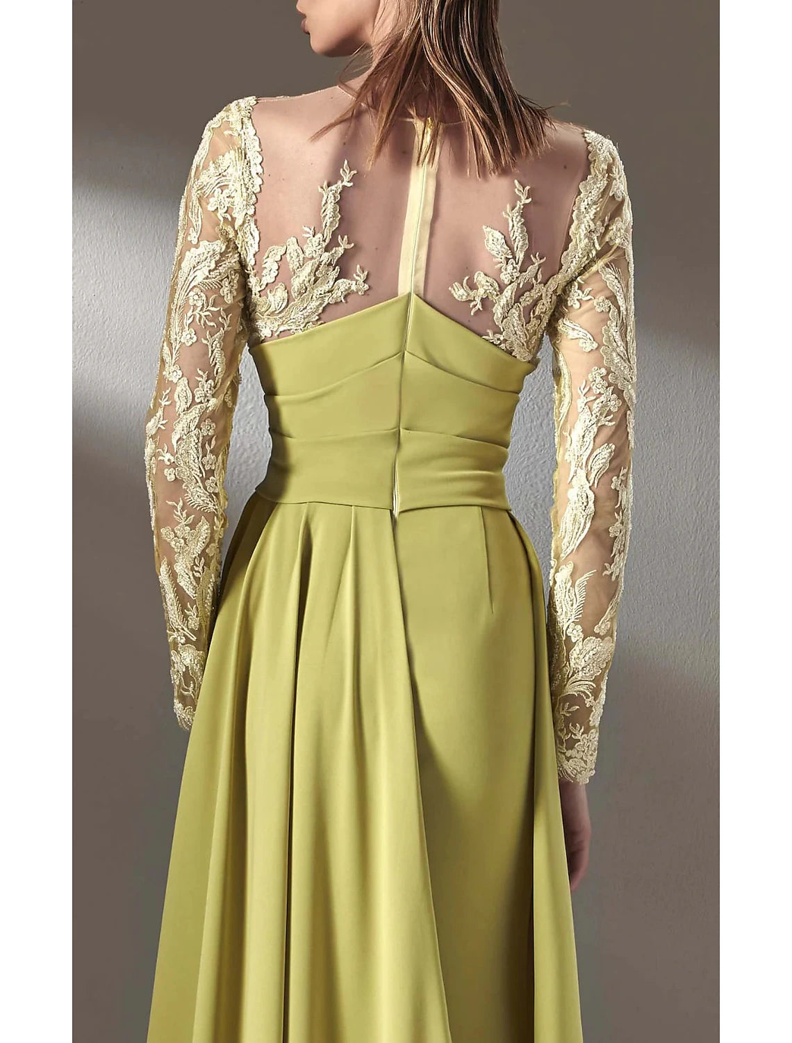 A-Linien-Kleid für die Mutter der Braut, formeller Hochzeitsgast, eleganter Rundhalsausschnitt, bodenlange Chiffonspitze, lange Ärmel mit Spitzendrapierung