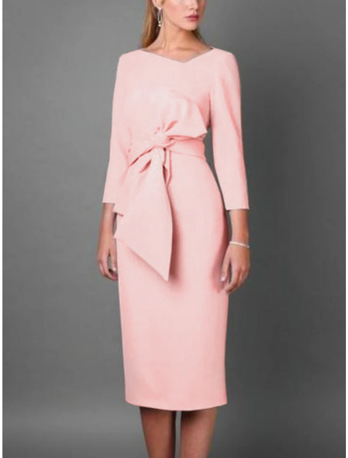Etuikleid/Säulenkleid für die Brautmutter, zierlich, süß, Rundhalsausschnitt, knielang, Stretch-Stoff, 3/4-Ärmel mit Schleife(n),