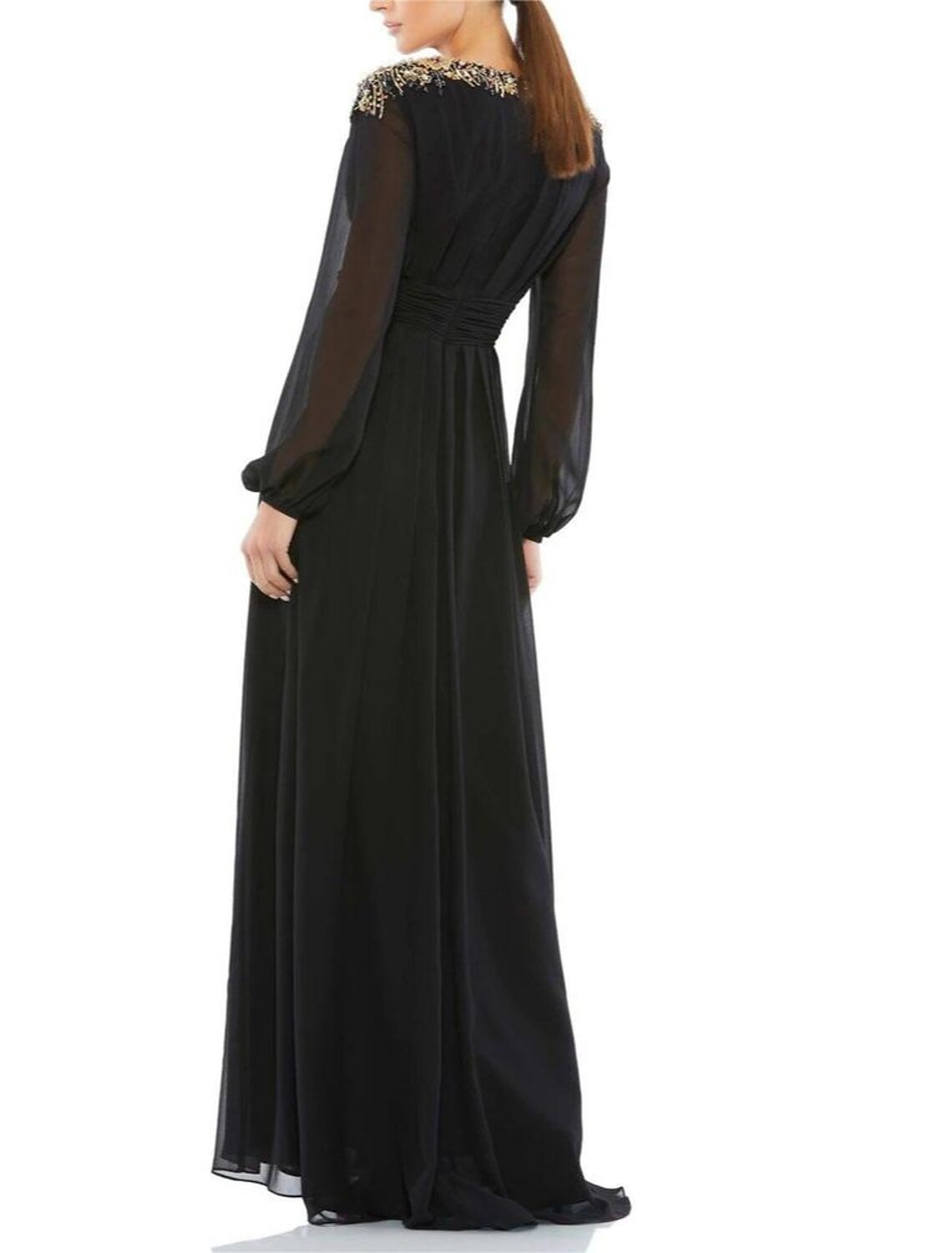 A-Linien-Kleid für die Brautmutter, Hochzeitsgast, elegant, Vintage, V-Ausschnitt, knielang, Stretch-Chiffon, lange Ärmel mit Kristallen und Perlen